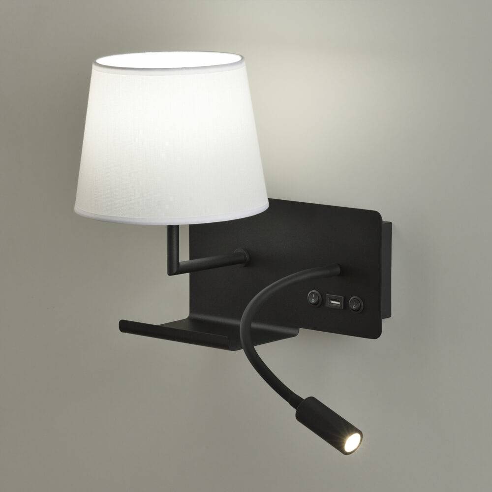 Applique tête de lit Noire abat jour blanc ou abat jour noir avec une  tablette pour le téléphone et une prise Usb Hold ACB - Luminaires Privés