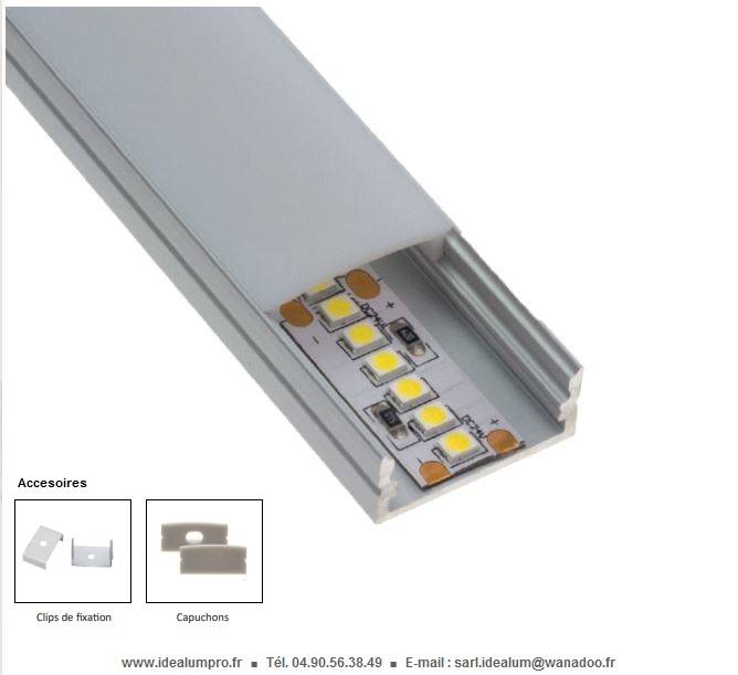 Profile 2 Mètres pour ruban led avec diffuseur opale et clips de fixation :  Référence ID5261 - Luminaires Privés